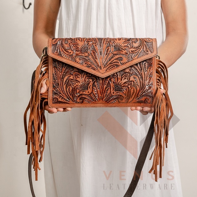 Hottest Selling Cowhide Fur Leather Fringe Bag Women Tooled Carving Leather Handbag Boho Style Cow Hide Bag's  For Cow Girl's