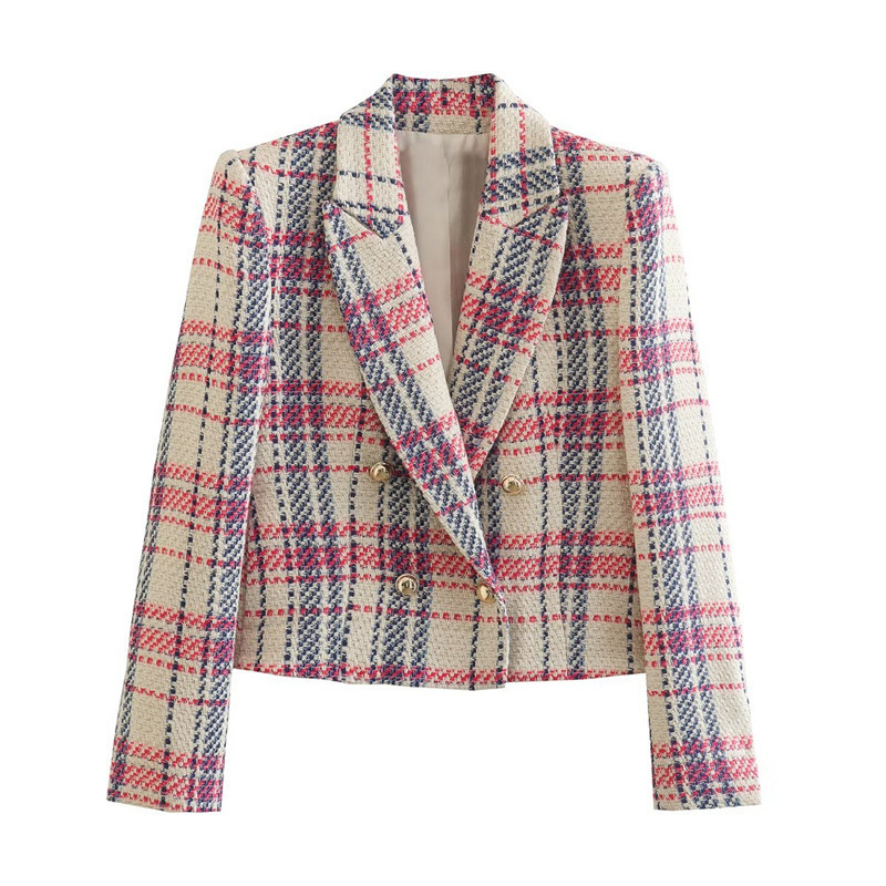 OEM Wholesale Custom Fashion Design Tweeds Blazer Jacket Women Plaid Blazer Suit Double Breasted Short Blazer