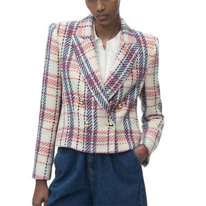 OEM Wholesale Custom Fashion Design Tweeds Blazer Jacket Women Plaid Blazer Suit Double Breasted Short Blazer