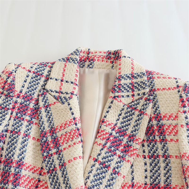 OEM Wholesale Custom Fashion Design Tweeds Blazer Jacket Women Plaid Blazer Suit Double Breasted Short Blazer