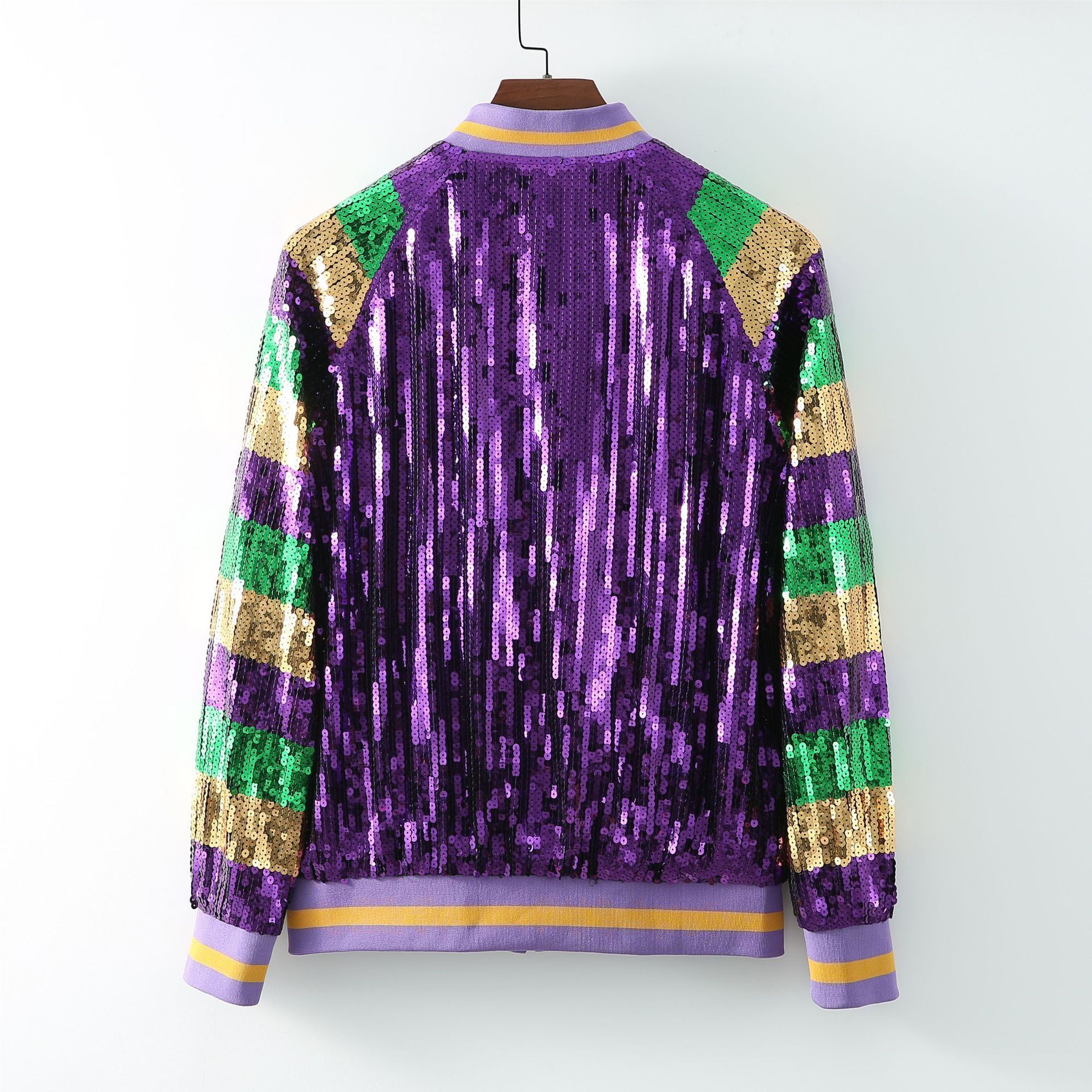 Custom Women Apparel Clothing Wholesale Mardi Gras Shinny Sequin Long Stripe Zip Up Jacket Mardi Gras Apparel