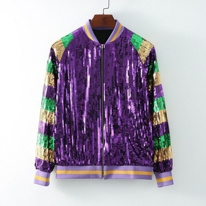 Custom Women Apparel Clothing Wholesale Mardi Gras Shinny Sequin Long Stripe Zip Up Jacket Mardi Gras Apparel