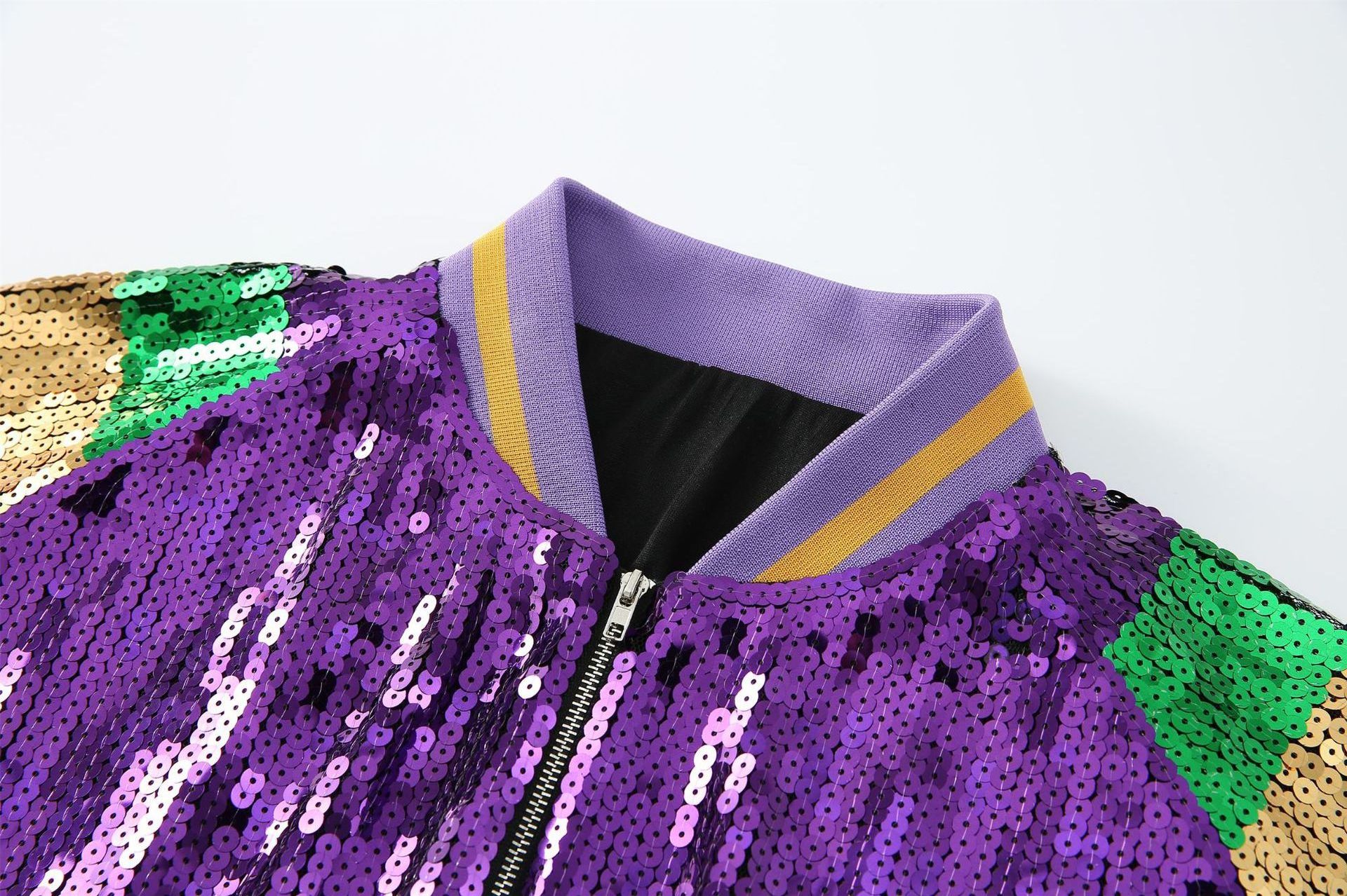 Custom Women Apparel Clothing Wholesale Mardi Gras Shinny Sequin Long Stripe Zip Up Jacket Mardi Gras Apparel