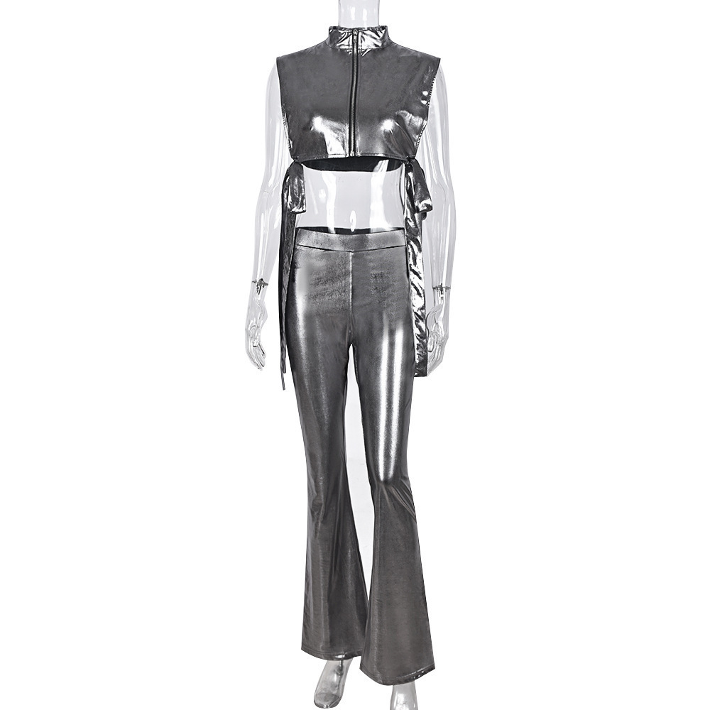 Casual Party Club Outfit Clubwear Stretch Pu Leather Hot Sale Bandage Crop Top And Flare Pants Set Two Piece Set