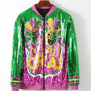 RTS Mardi Gras ZipperJacket Custom Women Apparel Clothing Wholesale Mardi Gras Shinny Sequin Party Zip Up Jacket