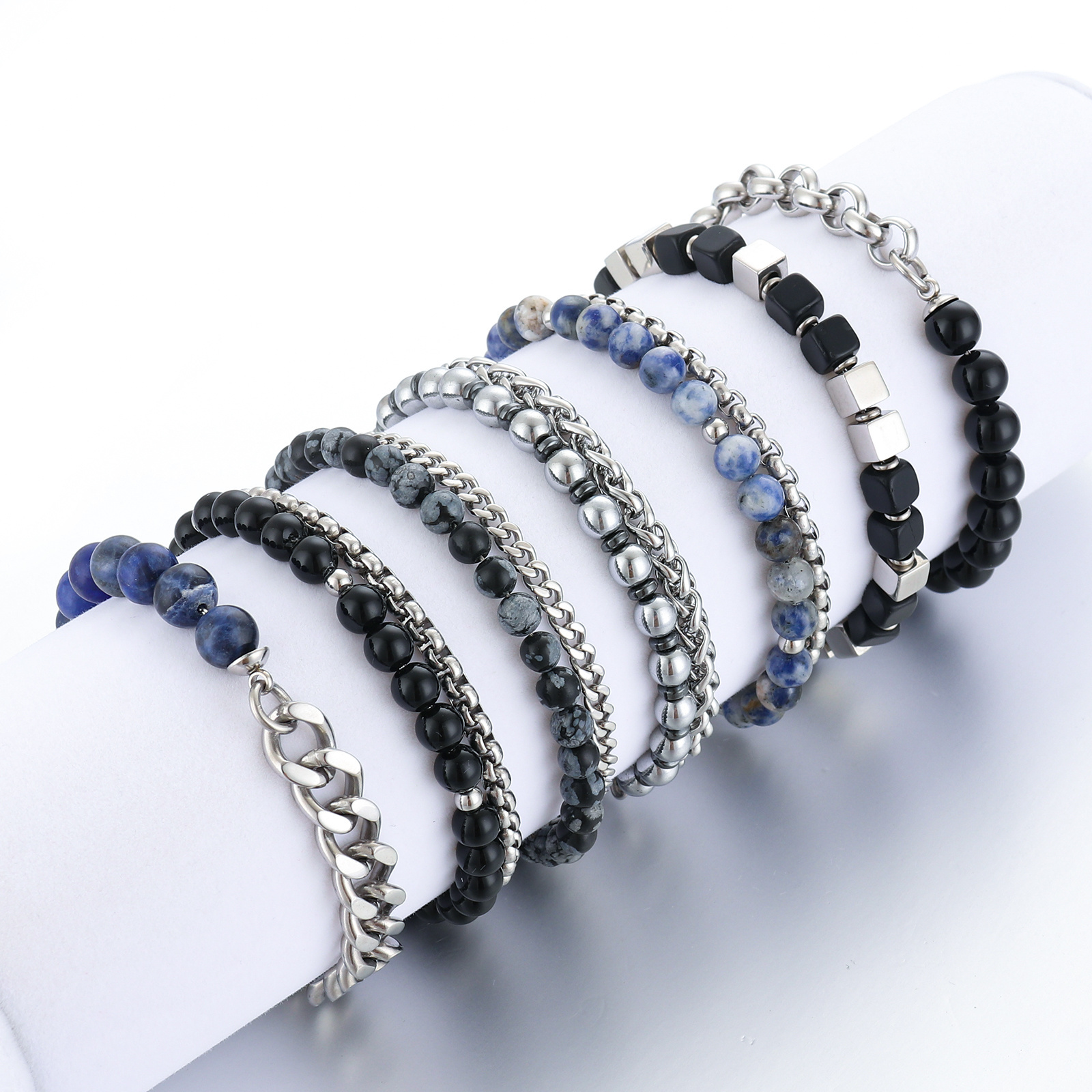 Fashion Black Onyx Beads Blue Sodalite Link Cuban Chain Bangle Jewelry Natural Stone Beaded Stainless Steel Bracelets Men