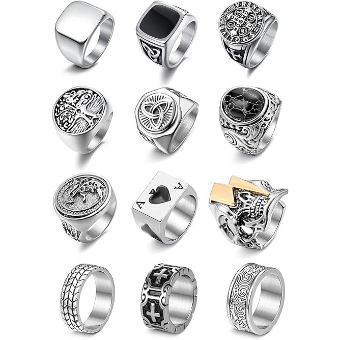 Fashion Jewelry  Silver Black Stainless Steel Retro Vintage Silver Black Chunky Wide Band Signet Biker Rings Set For Men