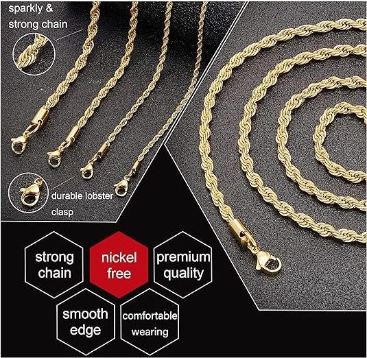 High Quality Hip Hop Fashion Jewelry Twisted Stainless Steel 18K Gold Plated Rope Link Chain Necklace For Man Women