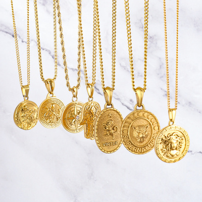 2024 18K Sliver Gold Plated Lion Coin Bee Compass Animal Fashion Jewelry Jesus Cross Pendant Stainless Steel Necklace For Men