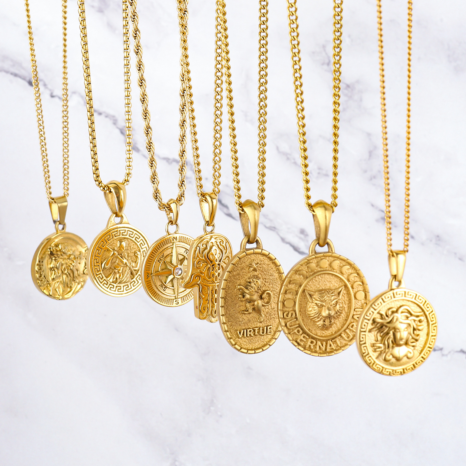 2024 18K Sliver Gold Plated Lion Coin Bee Compass Animal Fashion Jewelry Jesus Cross Pendant Stainless Steel Necklace For Men