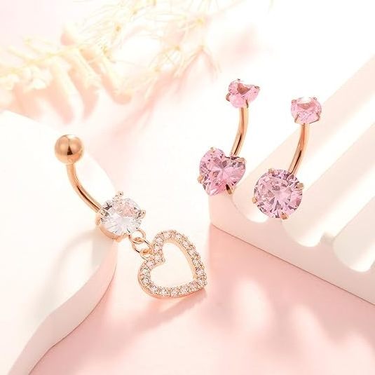 Heart Flower Butterfly Rose Gold 14G Stainless Steel Dangle Belly Button Rings Piercing for Women Belly Ring Dangling Jewelry