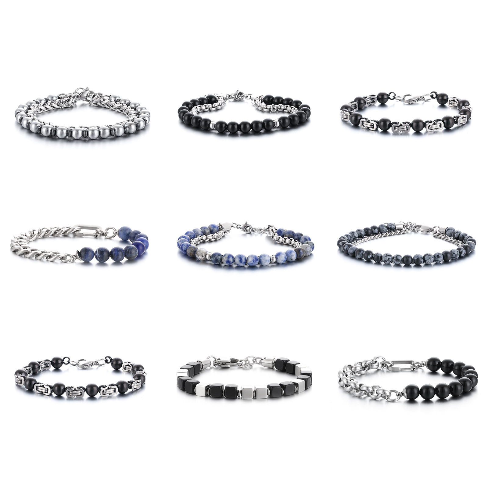 Fashion Black Onyx Beads Blue Sodalite Link Cuban Chain Bangle Jewelry Natural Stone Beaded Stainless Steel Bracelets Men