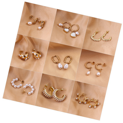 Trendy Huggies Stainless Steel Studs 18K Gold Plated Drop Statement Luxury Dangle Fashion Jewelry Set Hoops Pearl Earrings Women