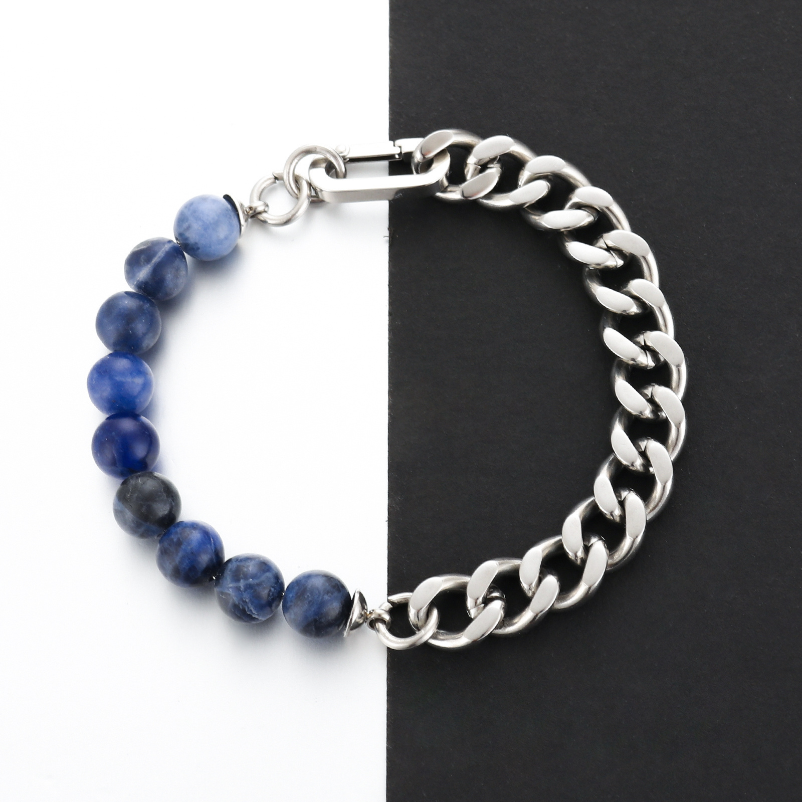 Fashion Black Onyx Beads Blue Sodalite Link Cuban Chain Bangle Jewelry Natural Stone Beaded Stainless Steel Bracelets Men