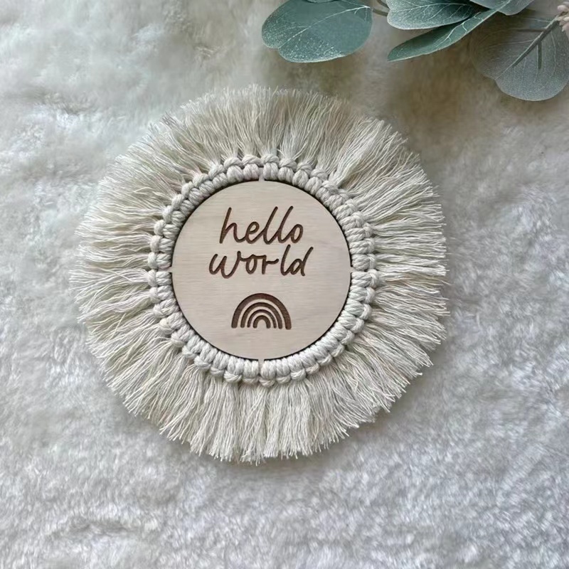 Customized Handmade Macrame newborn monthly gift hello world wooden crafts baby milestone discs cards for baby photo props