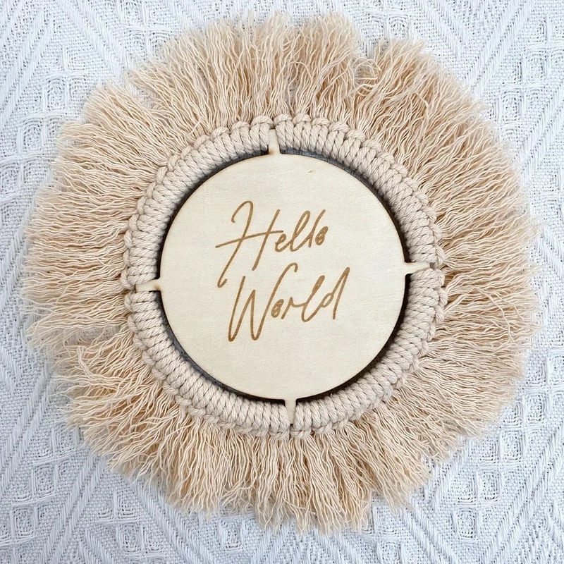 Customized Handmade Macrame newborn monthly gift hello world wooden crafts baby milestone discs cards for baby photo props