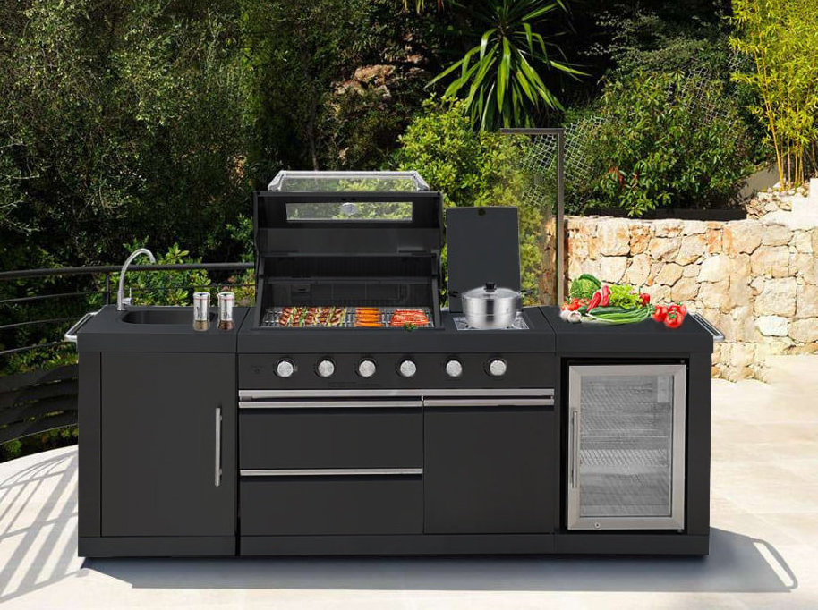 2022 Hangzhou Vermont outdoor use black kitchen and counter top with mini glass fridge and led light