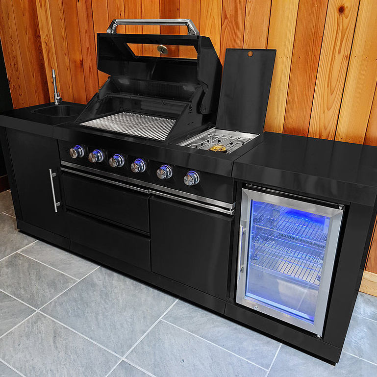 2022 Hangzhou Vermont outdoor use black kitchen and counter top with mini glass fridge and led light