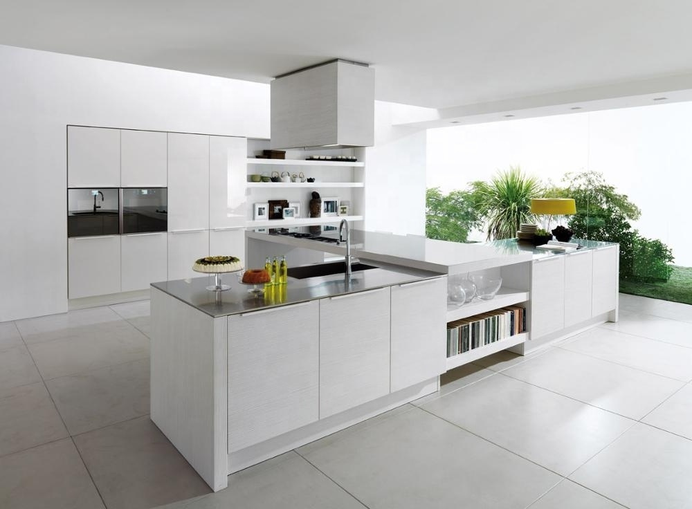 Vermonhouzz Hot Selling Modular MDF Lacquer White Concealed Handle Kitchen Cabinets  With BIg Island