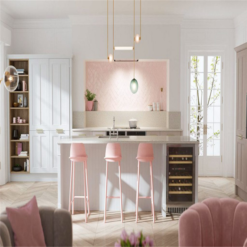 High End European Style Pink Curved Shaped Lacquer Kitchen Cabinet with Lights and Island