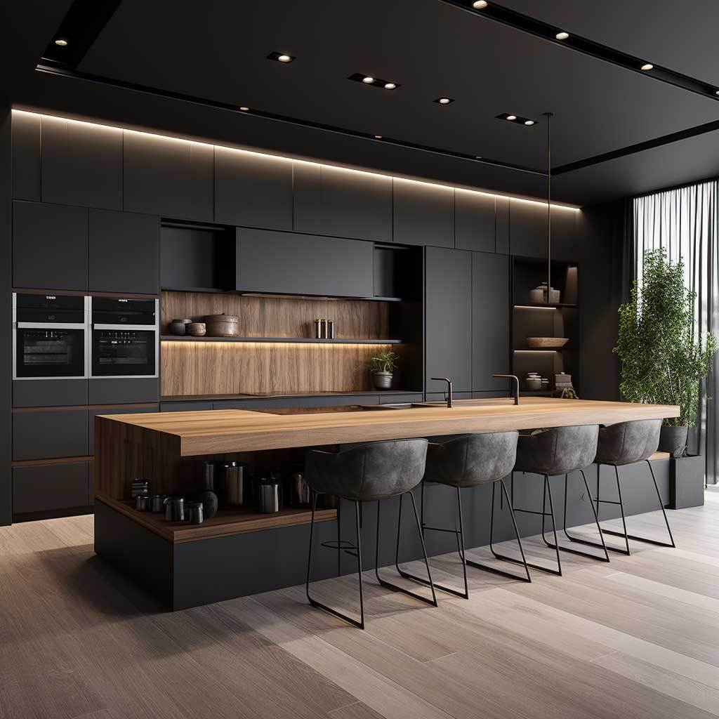 Modern Matte Black Straight Kitchen Cabinet Light Strip Design Custom Kitchen Cabinet With Island