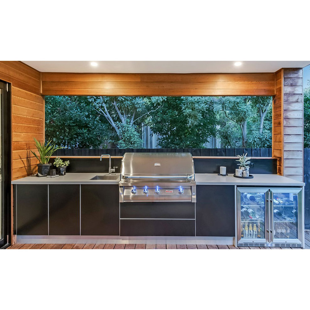 Luxury Customized Black Stainless Steel Outside Grill BBQ Island Outdoor Garden Kitchen With Fridge