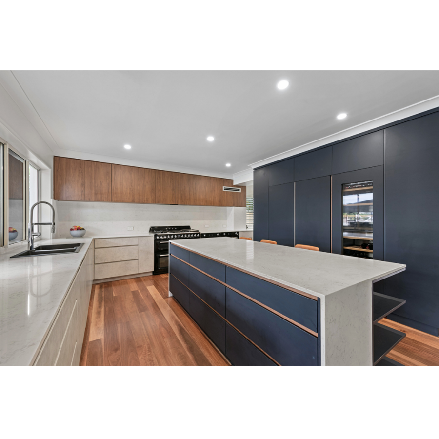 Contemporary Wood Veneer And Navy Blue Kitchen Cabinet Multi-Functional Kitchen Cabinet With Artificial Quartz Countertop Island