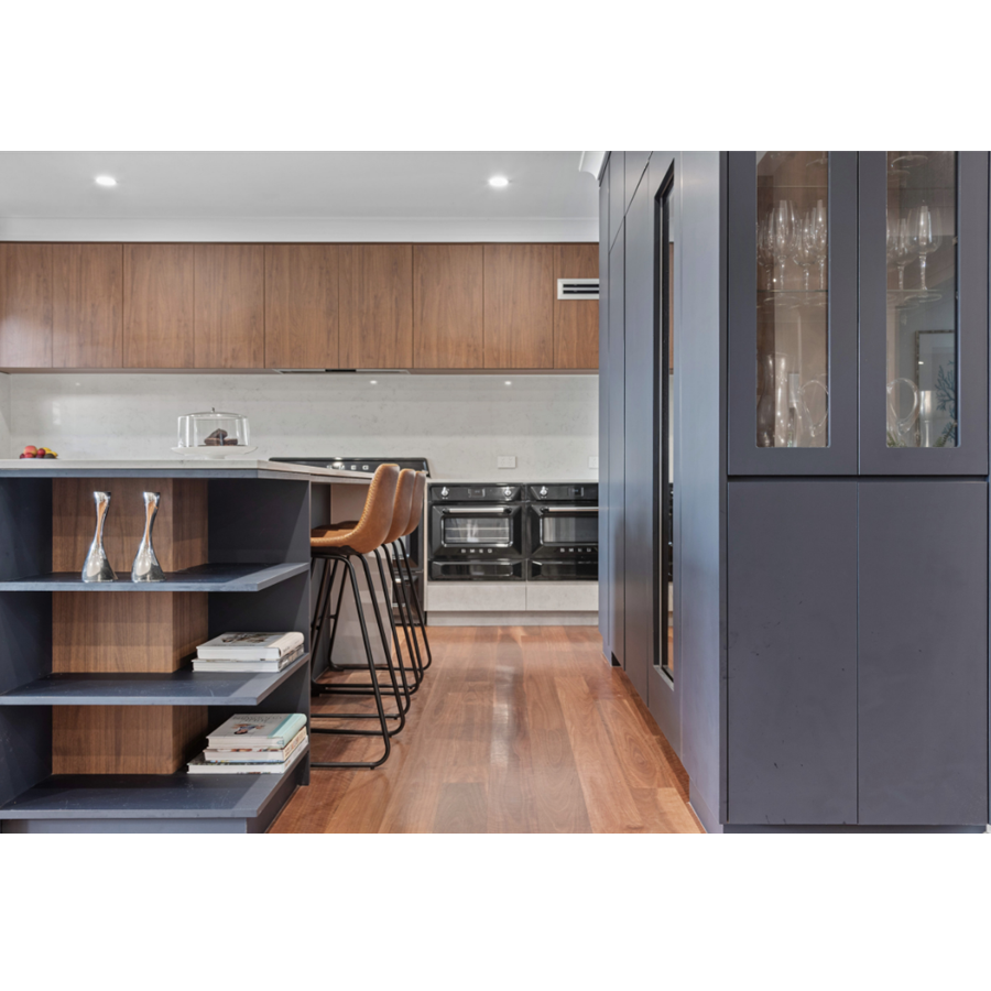 Contemporary Wood Veneer And Navy Blue Kitchen Cabinet Multi-Functional Kitchen Cabinet With Artificial Quartz Countertop Island