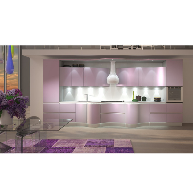 High End European Style Pink Curved Shaped Lacquer Kitchen Cabinet with Lights and Island