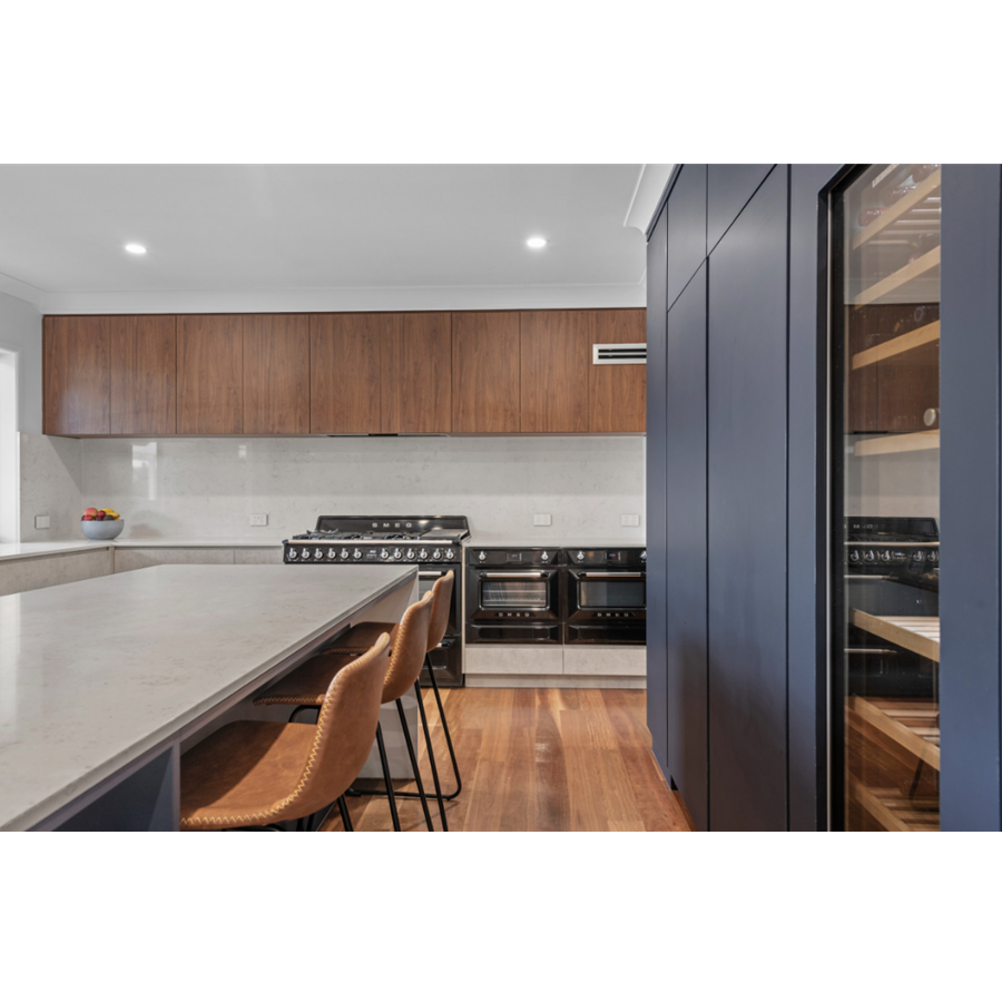 Contemporary Wood Veneer And Navy Blue Kitchen Cabinet Multi-Functional Kitchen Cabinet With Artificial Quartz Countertop Island