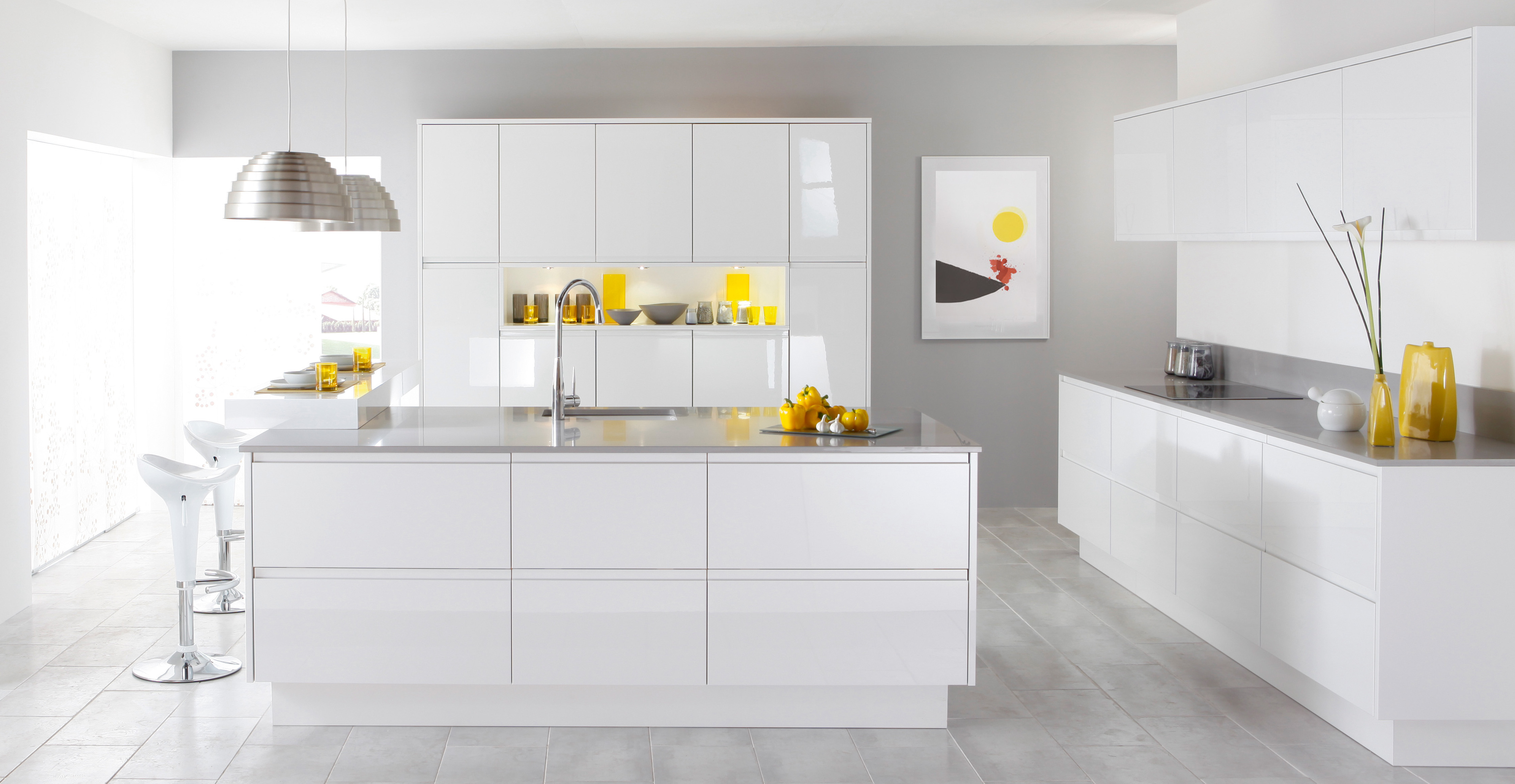 Vermonhouzz Hot Selling Modular MDF Lacquer White Concealed Handle Kitchen Cabinets  With BIg Island