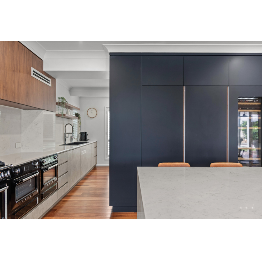 Contemporary Wood Veneer And Navy Blue Kitchen Cabinet Multi-Functional Kitchen Cabinet With Artificial Quartz Countertop Island