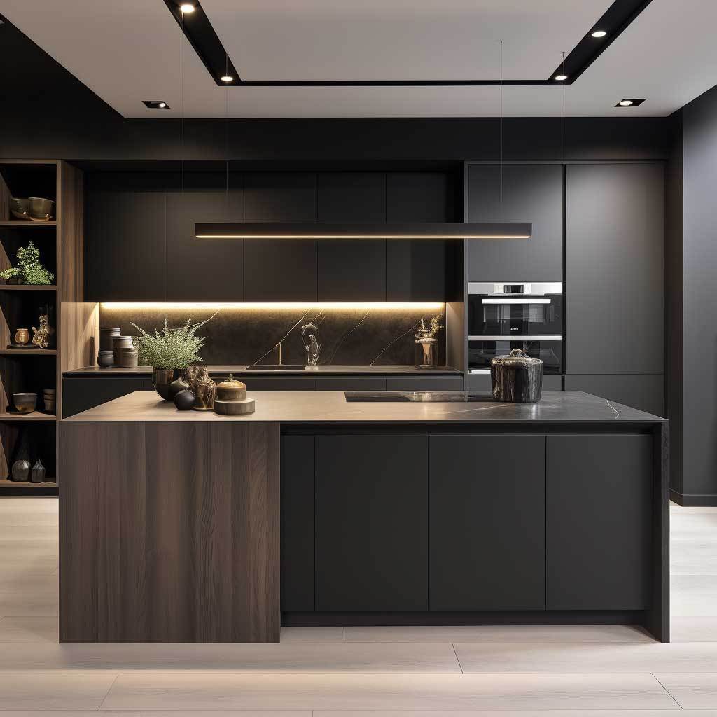 Modern Matte Black Straight Kitchen Cabinet Light Strip Design Custom Kitchen Cabinet With Island