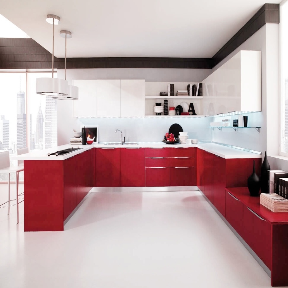 2023 Vermont  Modern High Gloss Kitchen Cabinet, Red Kitchen Cupboard Set