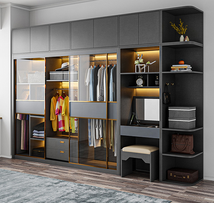 Vermont Sliding Glass Door Wardrobe Modern Minimalist Matte Lacquer Closet Open Shelves Big Storage