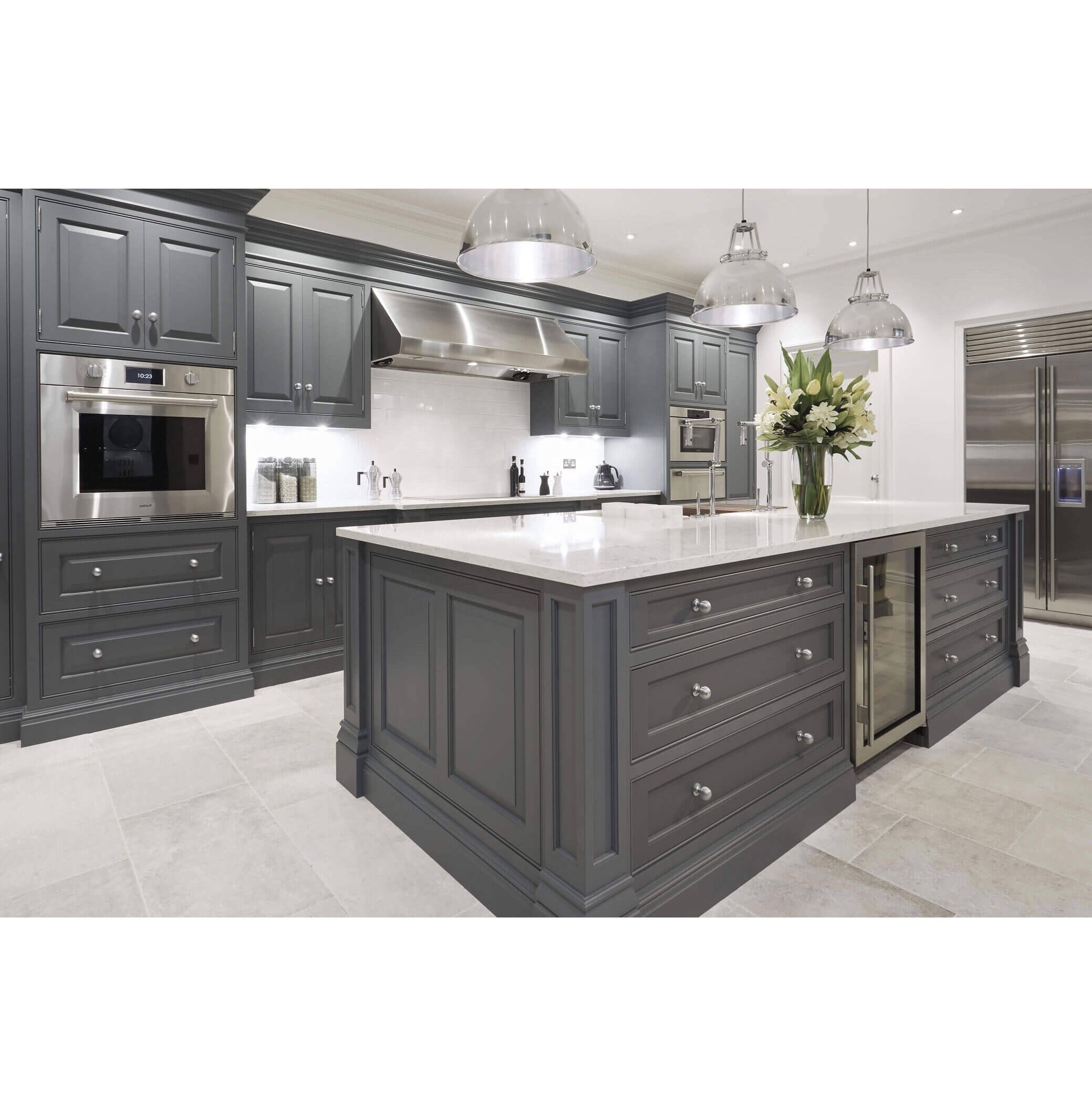 2023 Hangzhou Vermont America Luxury Grey Solid Wood Pantry Cupboards Kitchen Cabinet With Big Island Design