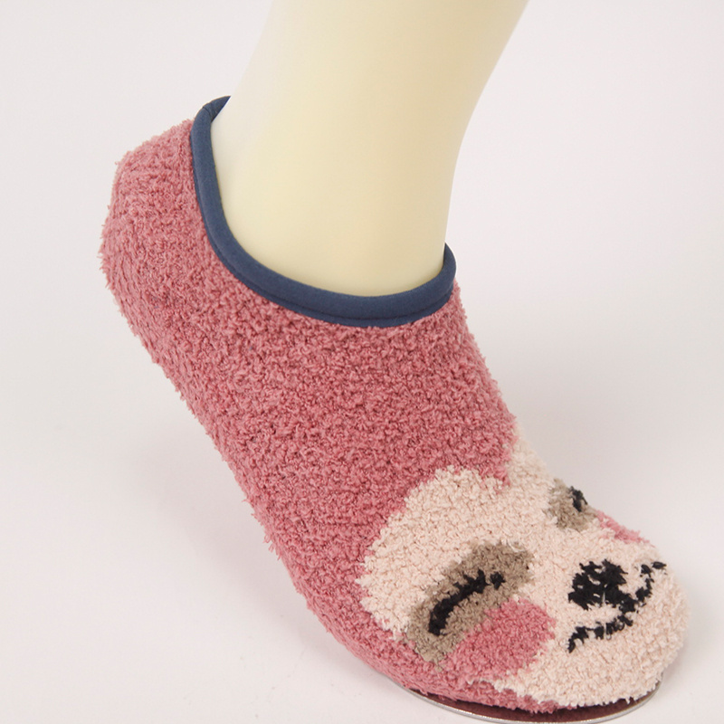 Private label ankle cute cartoon pattern fluffy red feather yarn knitting floor socks with anti-slip beads