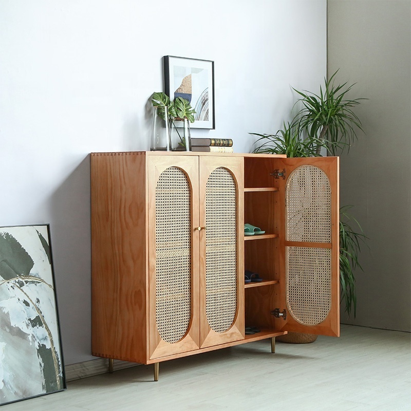 Japanese solid wood shoe cabinet entrance cabinet modern simple white rattan woven solid wood shoes cabinet