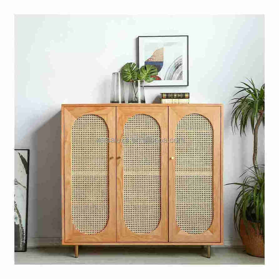 Japanese solid wood shoe cabinet entrance cabinet modern simple white rattan woven solid wood shoes cabinet