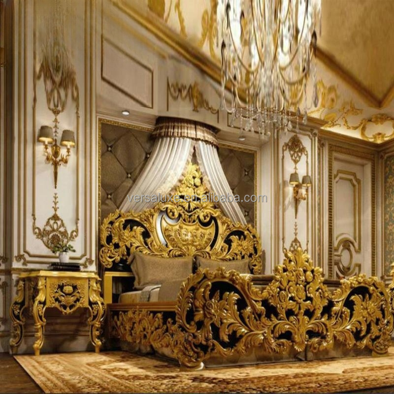 Luxury Style Royal Imperial Hand Made European Gold Leafing Antique Bed For Master Bedroom furniture wooden king size bed double