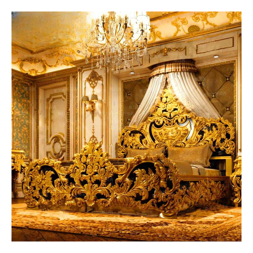 Luxury Style Royal Imperial Hand Made European Gold Leafing Antique Bed For Master Bedroom furniture wooden king size bed double