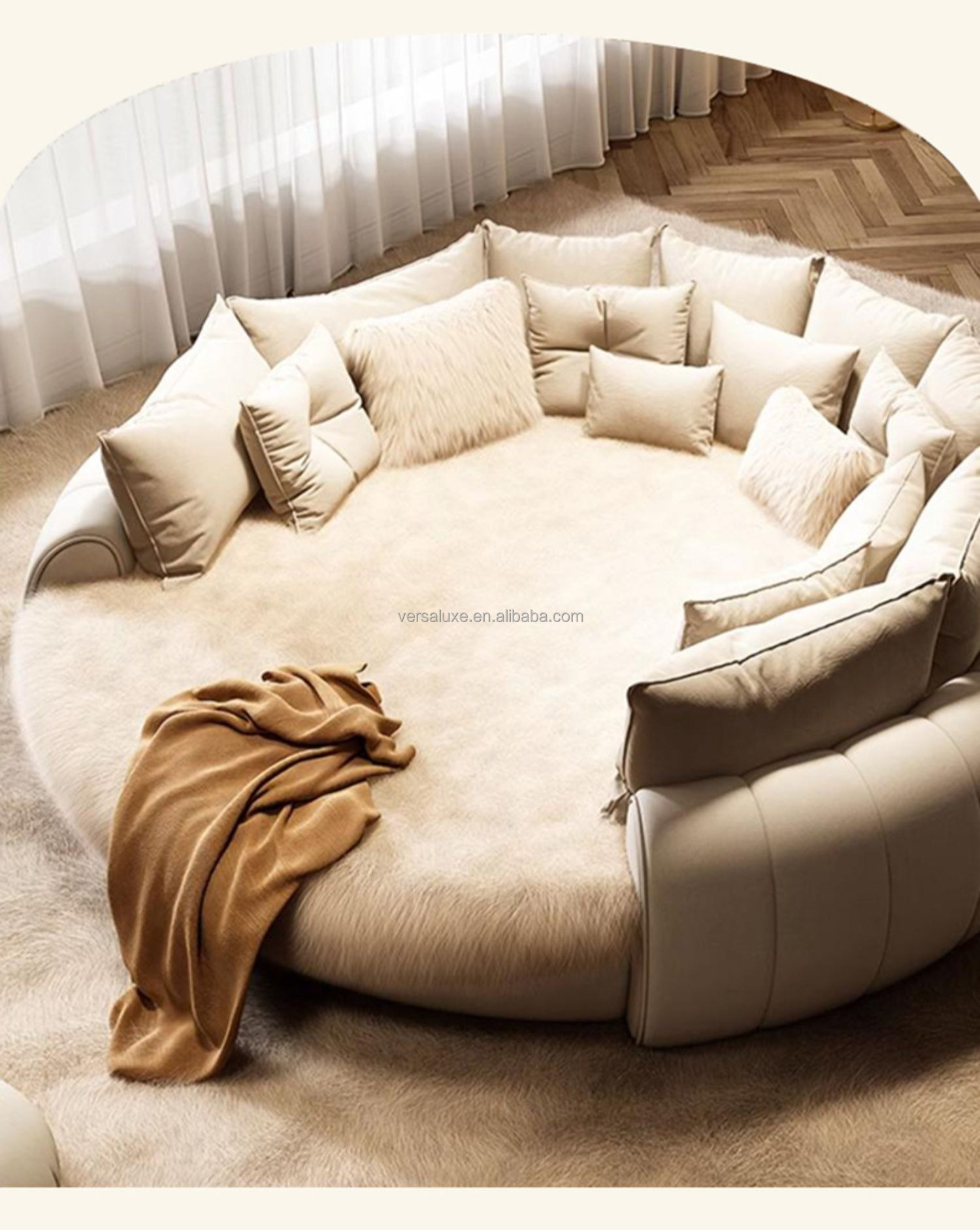 French light luxury cloth round bed cream style double wooden  bed modern simple home master bedroom princess large round bed