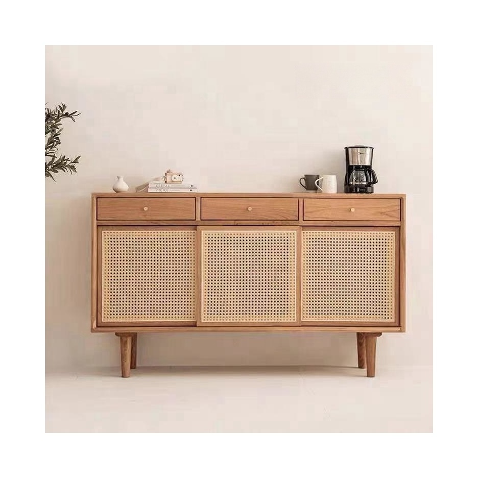 Japanese simple living room solid wood dining edge rattan oak cabinet Minimalist bedroom storage rattan cabinet