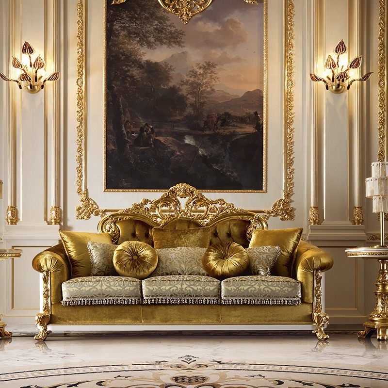 2023 Aesthetic European royal style sofa set living room furniture golden antique classic carving palace sofas with shell craft