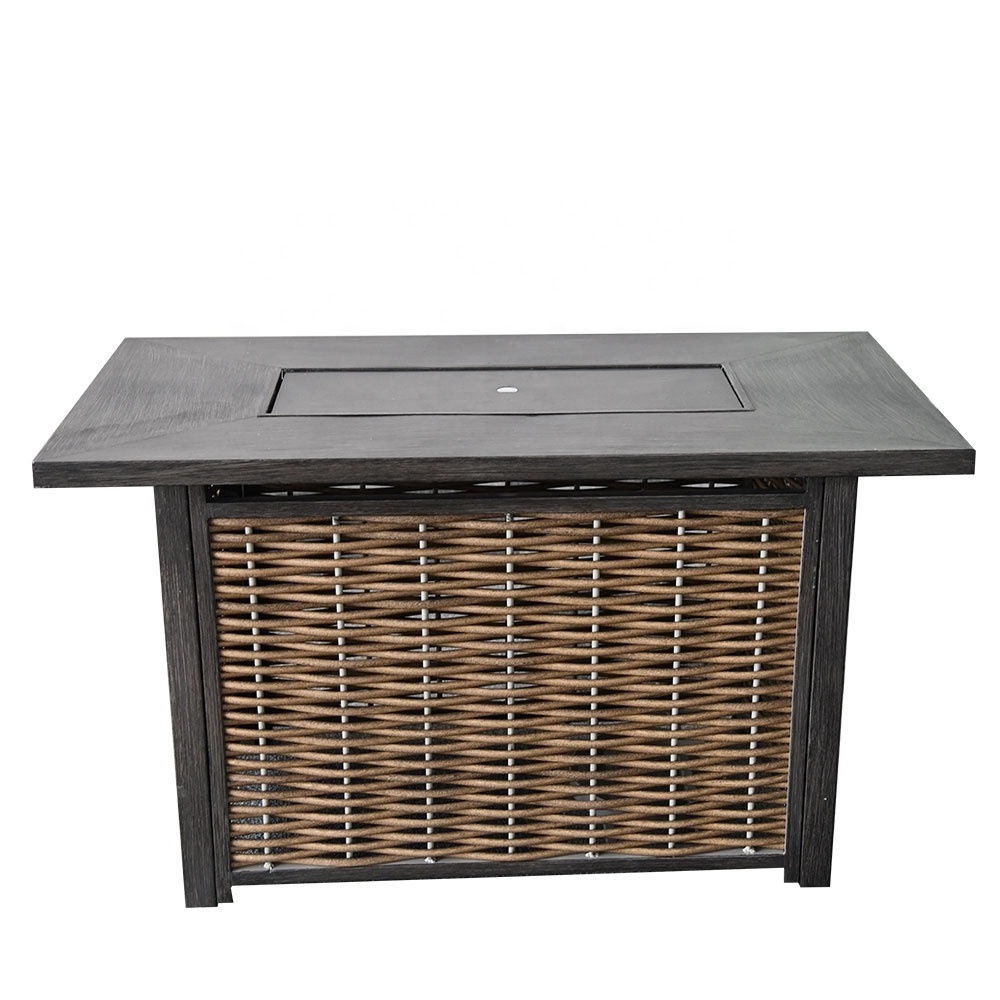 VERTAK Woven Rattan Outdoor Gas Fire Pit Table Square Auto Ignition Propane Gas Dining Table With Fire Pit