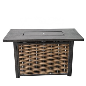 VERTAK Woven Rattan Outdoor Gas Fire Pit Table Square Auto Ignition Propane Gas Dining Table With Fire Pit