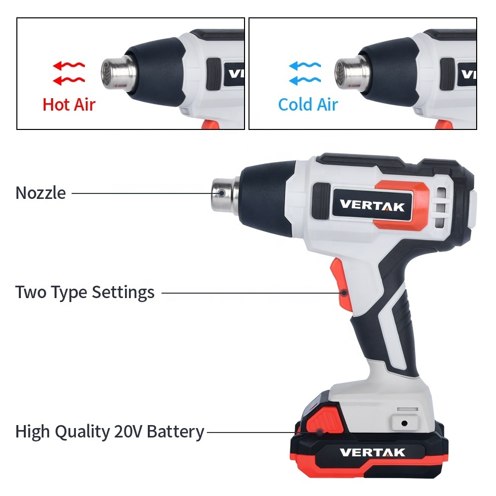 VERTAK Adjustable Temperature 20V Battery Cordless Heat Gun Quick Blow Electric Hot Air Gun With Four Nozzle