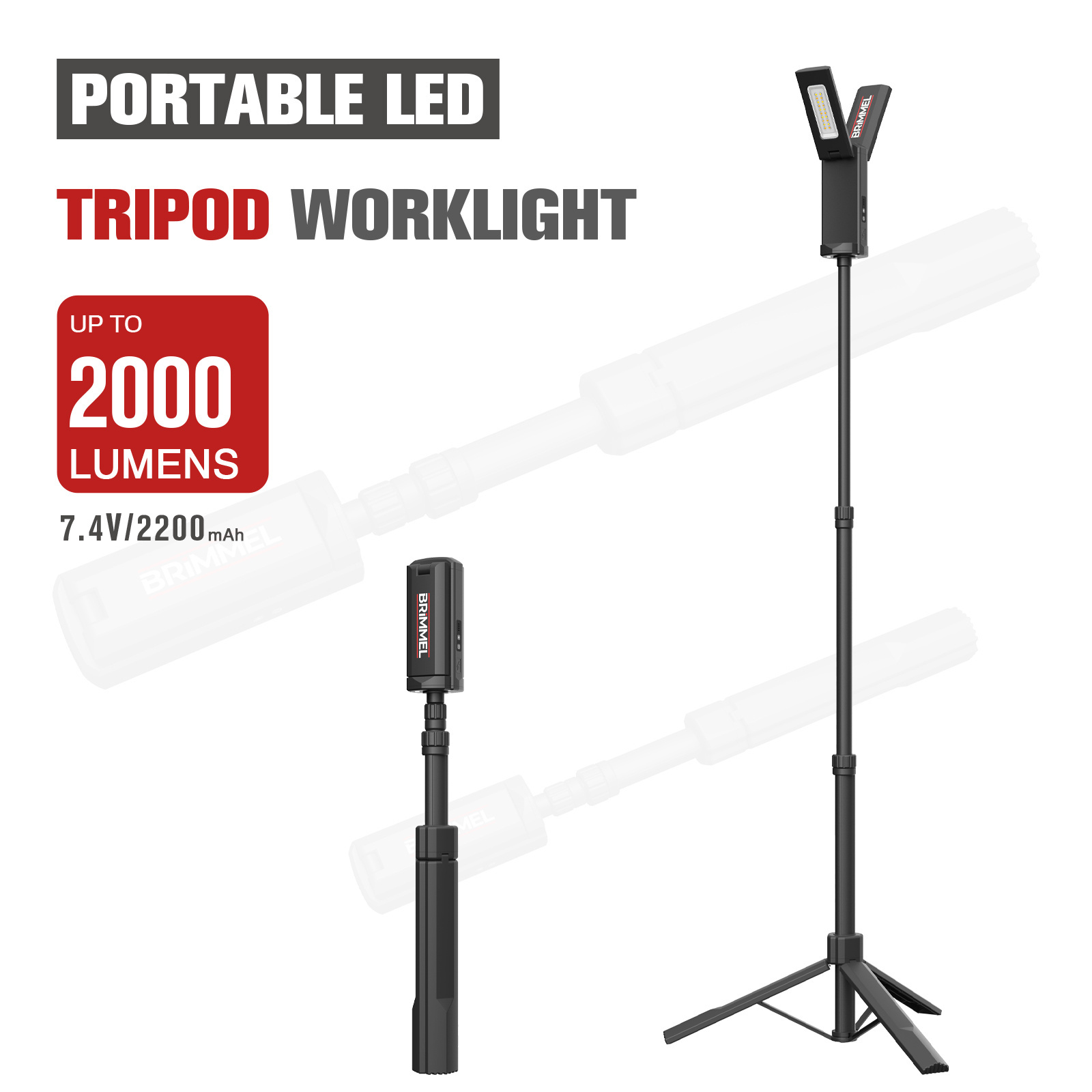 Brimmel Rechargeable Outdoor Adjustable 2000 Lumens IP65 Small Aluminum Plastic LED Flexible Work Lamp Tripod Light