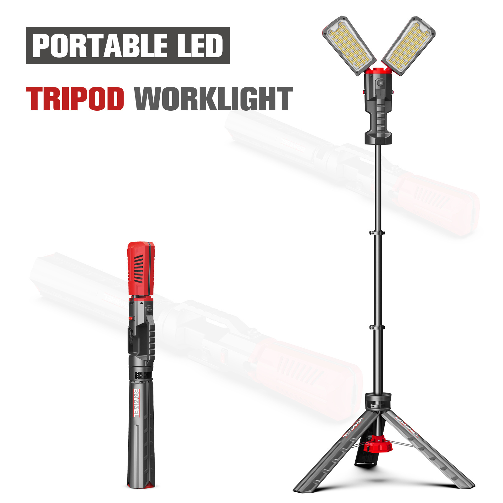 Brimmel Waterproof IP65 Black Outdoor Worklight Tripod Commercial Rechargeable Plug-in Work Light