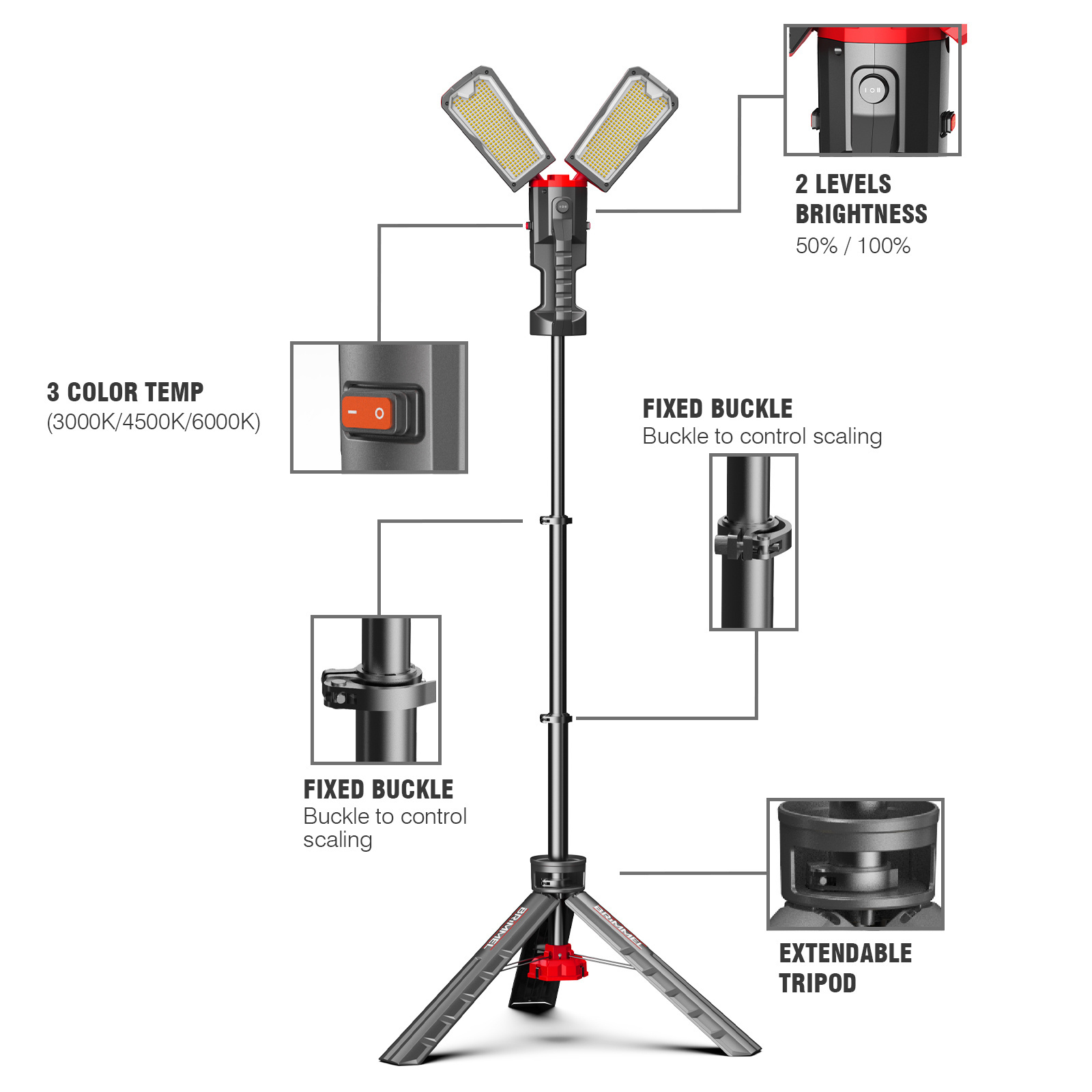 Brimmel Waterproof IP65 Black Outdoor Worklight Tripod Commercial Rechargeable Plug-in Work Light